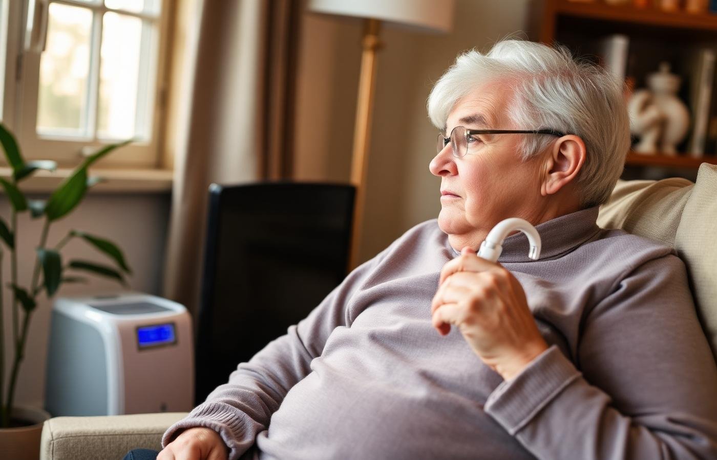 Senior using oxygen concentrator at home